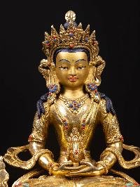 thumb1-Aparimita With Double Base, Buddhist Handmade Statue, Full Gold Plated, Stone Setting, Face Painted