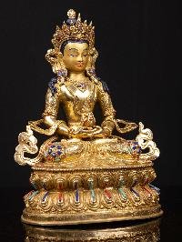 thumb2-Aparimita With Double Base, Buddhist Handmade Statue, Full Gold Plated, Stone Setting, Face Painted