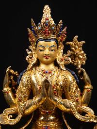 [chenrezig], Buddhist Handmade Statue, [full Gold Plated], [stone Setting], [face Painted]