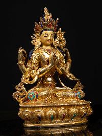 [chenrezig], Buddhist Handmade Statue, [full Gold Plated], [stone Setting], [face Painted]