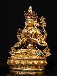 [chenrezig], Buddhist Handmade Statue, [full Gold Plated], [stone Setting], [face Painted]
