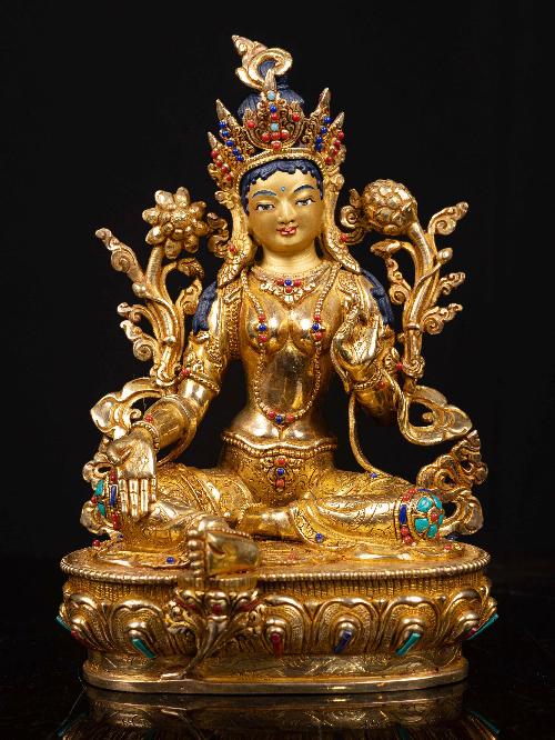 This 22cm tall Green Tara, Buddhist Handmade Statue, Full Gold Plated, Stone Setting, Face Painted (Product Code: HMS35732) weighs 1.71kg and is available at an offer price of US$168.