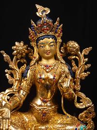[green Tara], Buddhist Handmade Statue, [full Gold Plated], [stone Setting], [face Painted]