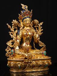 [green Tara], Buddhist Handmade Statue, [full Gold Plated], [stone Setting], [face Painted]