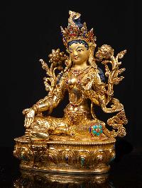 [green Tara], Buddhist Handmade Statue, [full Gold Plated], [stone Setting], [face Painted]
