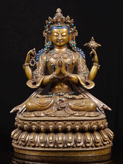 This 22cm tall Chenrezig With Double Base, Buddhist Handmade Statue, Chocolate Oxidized (Product Code: HMS35735) weighs 2.23kg and is available at an offer price of US$408.