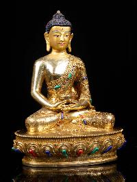 [amitabha Buddha], Buddhist Handmade Statue, [full Gold Plated], [stone Setting], [face Painted]