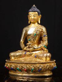 [amitabha Buddha], Buddhist Handmade Statue, [full Gold Plated], [stone Setting], [face Painted]