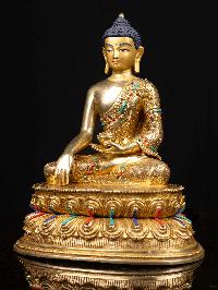 [shakyamuni Buddha] With Double Base, Buddhist Handmade Statue, [full Gold Plated], [stone Setting], [face Painted]