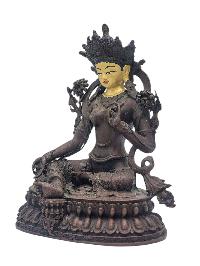 [green Tara], Buddhist Miniature Statue, [chocolate Oxidized], [face Painted]