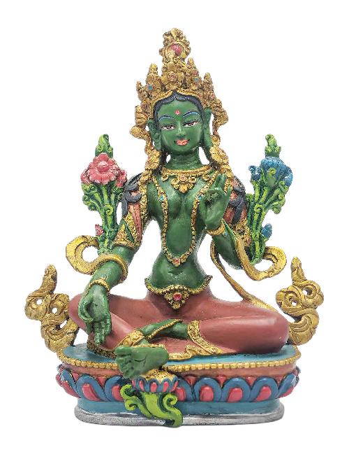 This 13cm tall Green Tara, Buddhist Miniature Statue, Thangka Color Finishing (Product Code: HMS35755) weighs 0.44kg and is available at an offer price of US$40.