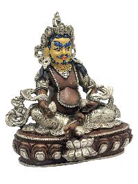 [yellow Jambhala], Buddhist Miniature Statue, [silver And Chocolate Oxidized], [face Painted]