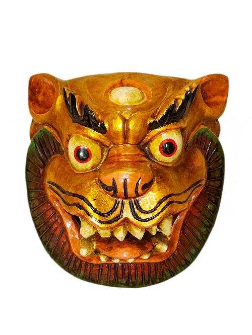 Buddhist Wooden Mask Of [snow Lion], Tibetan Style Wtih [traditional Colors], Poplar Wood