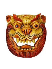 Buddhist Wooden Mask Of [snow Lion], Tibetan Style Wtih [traditional Colors], Poplar Wood