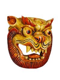 Buddhist Wooden Mask Of [snow Lion], Tibetan Style Wtih [traditional Colors], Poplar Wood