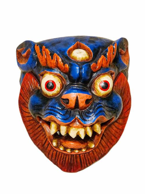 Buddhist Wooden Mask Of [snow Lion], Tibetan Style Wtih [traditional Colors], Poplar Wood
