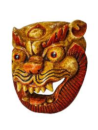 Buddhist Wooden Mask Of [snow Lion], Tibetan Style Wtih [traditional Colors], Poplar Wood