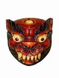 Buddhist Wooden Mask Of [snow Lion], Tibetan Style Wtih [traditional Colors], Poplar Wood