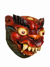 Buddhist Wooden Mask Of [snow Lion], Tibetan Style Wtih [traditional Colors], Poplar Wood
