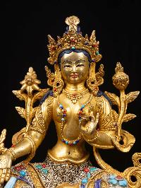 [green Tara] On Throne, Buddhist Handmade Statue, [full Gold Plated], [face Painted]