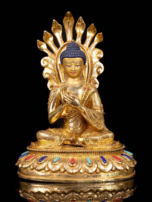 This 26cm tall Nagarjuna Buddha, Buddhist Handmade Statue, Full Gold Plated, Face Painted (Product Code: HMS35866) weighs 2.65kg and is available at an offer price of US$216.