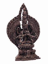 [sitting 1000 Arm Lokeshvara], [sahasrabhuja Avalokitesvara], Buddhist Miniature Statue, [chocolate Oxidized]