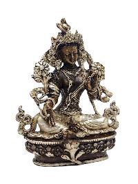 [green Tara], Buddhist Miniature Statue, [silver And Chocolate Oxidized]