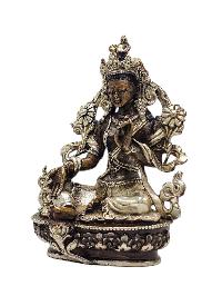 [green Tara], Buddhist Miniature Statue, [silver And Chocolate Oxidized]