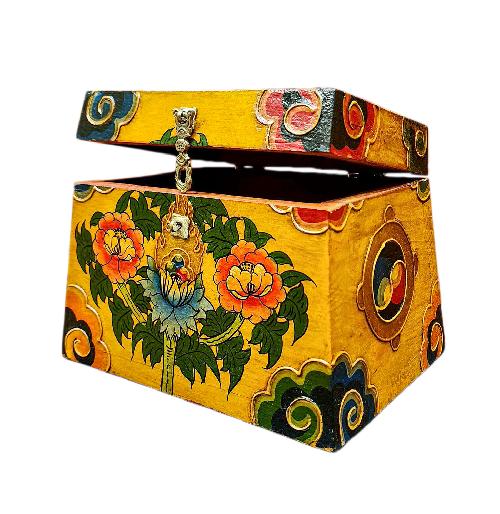 Buddhist Wooden Box With [lotus] Design, Tibetan Style With Traditional Colors