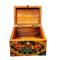 Buddhist Wooden Box With [lotus] Design, Tibetan Style With Traditional Colors