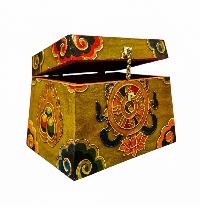 Buddhist Wooden Box With [ashtamangala] Design, Tibetan Style With Traditional Colors