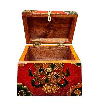 Buddhist Wooden Box With [ashtamangala] Design, Tibetan Style With Traditional Colors