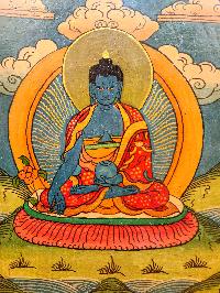 Wooden Thangka Or Wall Hanging Of [medicine Buddha], [natural Colour Finishing], Hand Painted