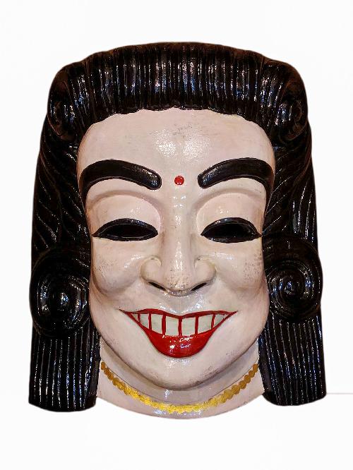[smiling Lady]. Wooden Mask Of [tribal Mask], Tibetan Style Wtih [traditional Colors], Poplar Wood