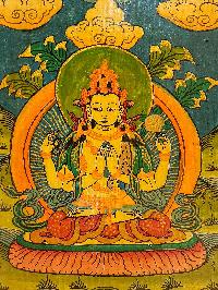 Wooden Thangka Or Wall Hanging Of [chenrezig], [natural Colour Finishing], Hand Painted