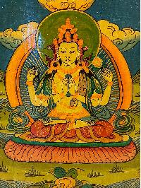 Wooden Thangka Or Wall Hanging Of [chenrezig], [natural Colour Finishing], Hand Painted