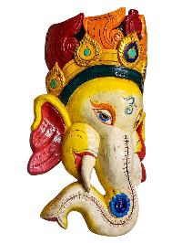 [ganesh], Handmade Wooden Mask, Wall Hanging, [thangka Color Finishing], Poplar Wood