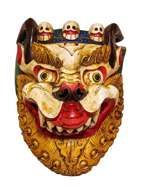 Buddhist Wooden Mask Of [snow Lion], Tibetan Style Wtih [traditional Colors], Poplar Wood