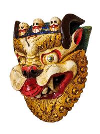 Buddhist Wooden Mask Of [snow Lion], Tibetan Style Wtih [traditional Colors], Poplar Wood
