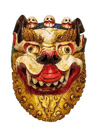 Buddhist Wooden Mask Of [snow Lion], Tibetan Style Wtih [traditional Colors], Poplar Wood