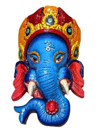 [ganesh], Handmade Wooden Mask, Wall Hanging, [thangka Color Finishing], Poplar Wood