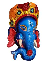 [ganesh], Handmade Wooden Mask, Wall Hanging, [thangka Color Finishing], Poplar Wood