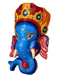 [ganesh], Handmade Wooden Mask, Wall Hanging, [thangka Color Finishing], Poplar Wood