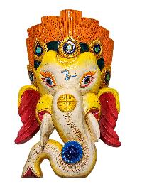 [ganesh], Handmade Wooden Mask, Wall Hanging, [thangka Color Finishing], Poplar Wood