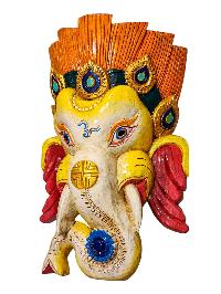 [ganesh], Handmade Wooden Mask, Wall Hanging, [thangka Color Finishing], Poplar Wood
