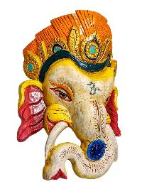 [ganesh], Handmade Wooden Mask, Wall Hanging, [thangka Color Finishing], Poplar Wood