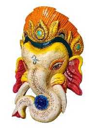 [ganesh], Handmade Wooden Mask, Wall Hanging, [thangka Color Finishing], Poplar Wood