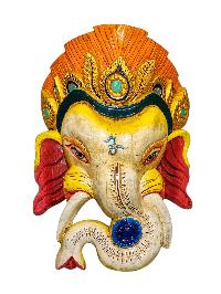 [ganesh], Handmade Wooden Mask, Wall Hanging, [thangka Color Finishing], Poplar Wood