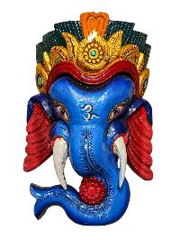 [ganesh], Handmade Wooden Mask, Wall Hanging, [thangka Color Finishing], Poplar Wood