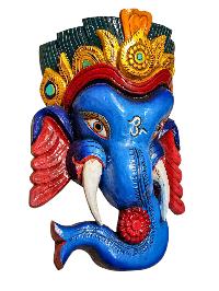 [ganesh], Handmade Wooden Mask, Wall Hanging, [thangka Color Finishing], Poplar Wood